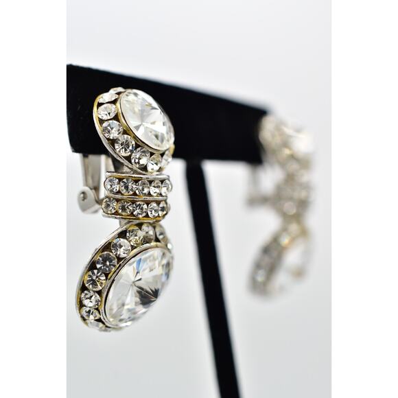 Vintage Crystal Clip On Earrings Rhinestone Drop Shiny Channel Chunky 1980s 9H - Picture 4 of 12